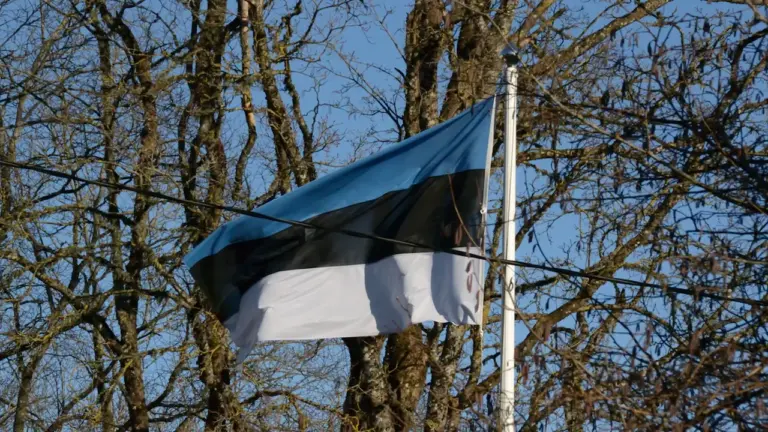 Eesti lipp lehvimas selges sinises taevas sümboliseerides vabadust ja rahvuslikku uhkust.