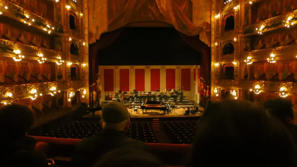 Vaade ajaloolise teatri saali lavale, kus valmistutakse algavaks etenduseks ja orkestri prooviks.
