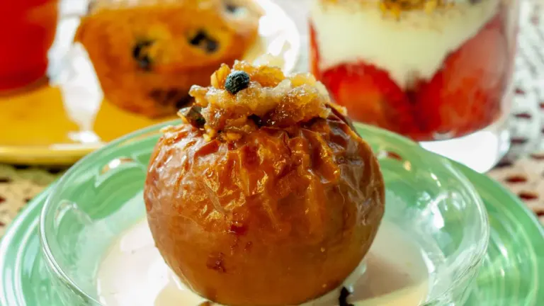 Ahjuõun jogurtiga klaasnõus, kõrval muffin ja tass jooki hubasel laual.